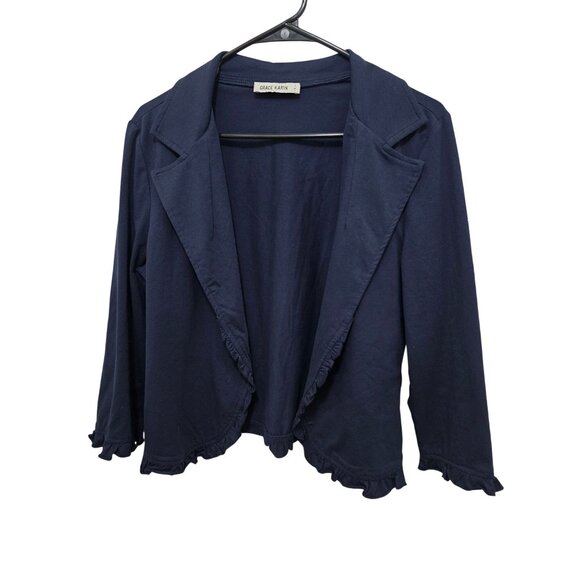 Grace Karin Women's Navy Blue Ruffled Open Front 3/4 Sleeves Blazer Jacket Size - Picture 1 of 9